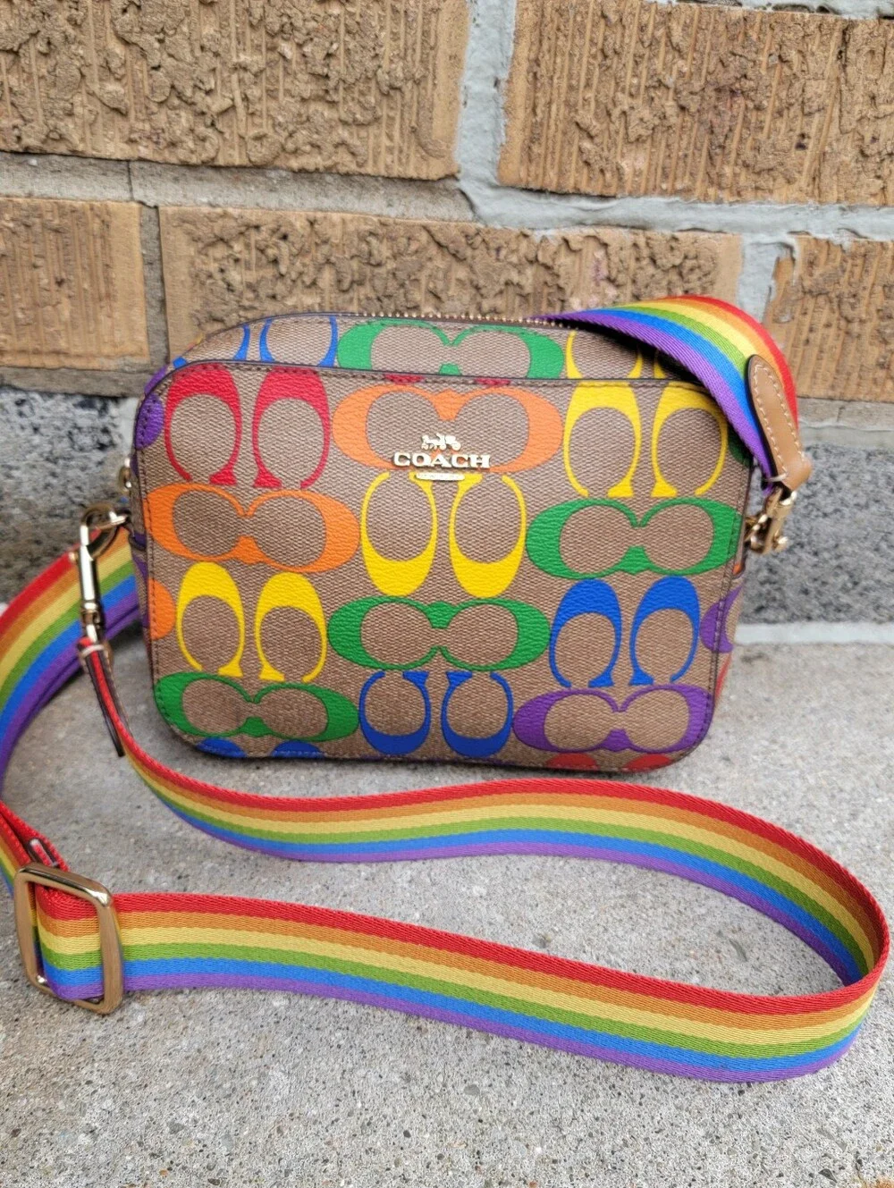 Coach Khaki Rainbow Signature Mini Camera Crossbody C4227